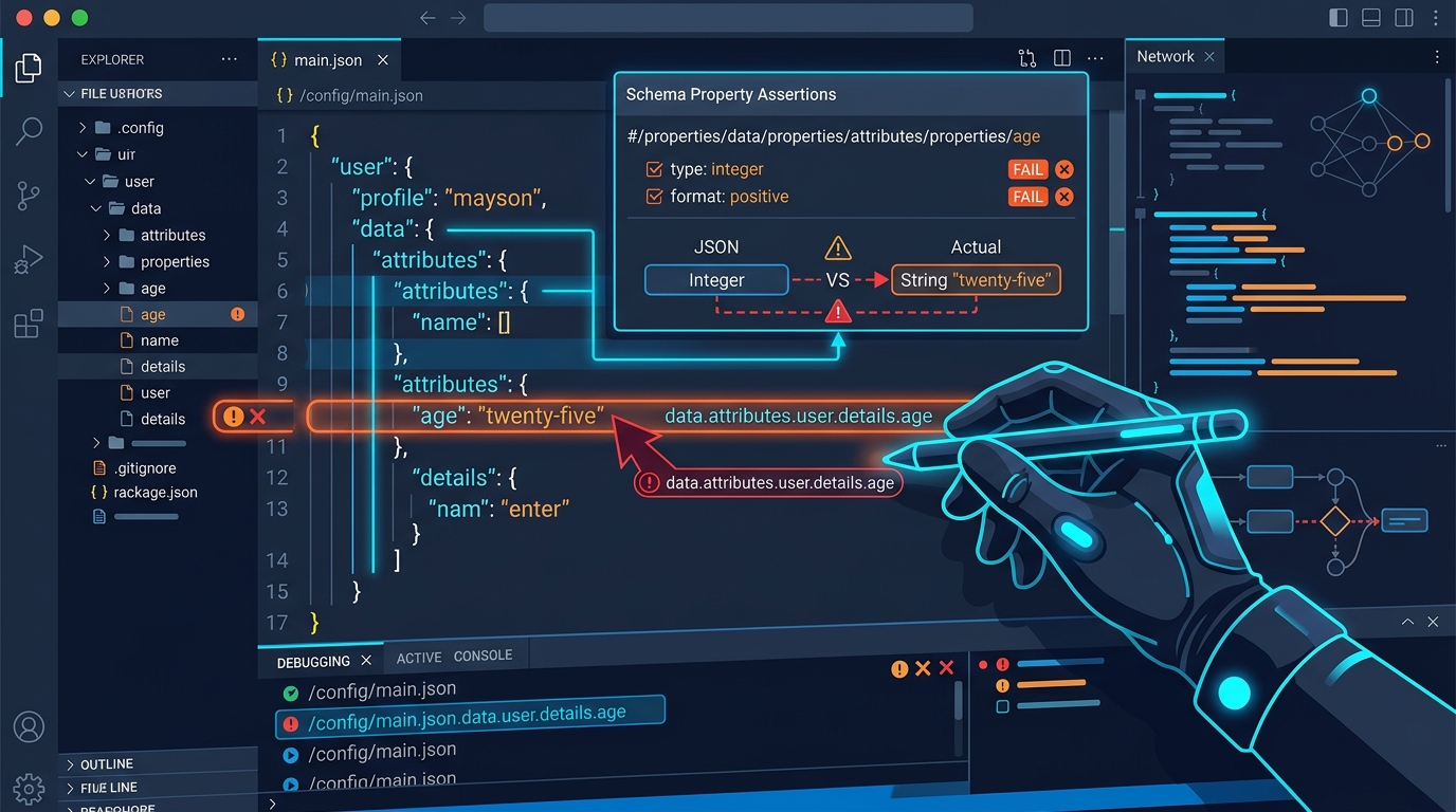 JSON Schema error debugging diagram showing highlighted code lines and property path error tracing