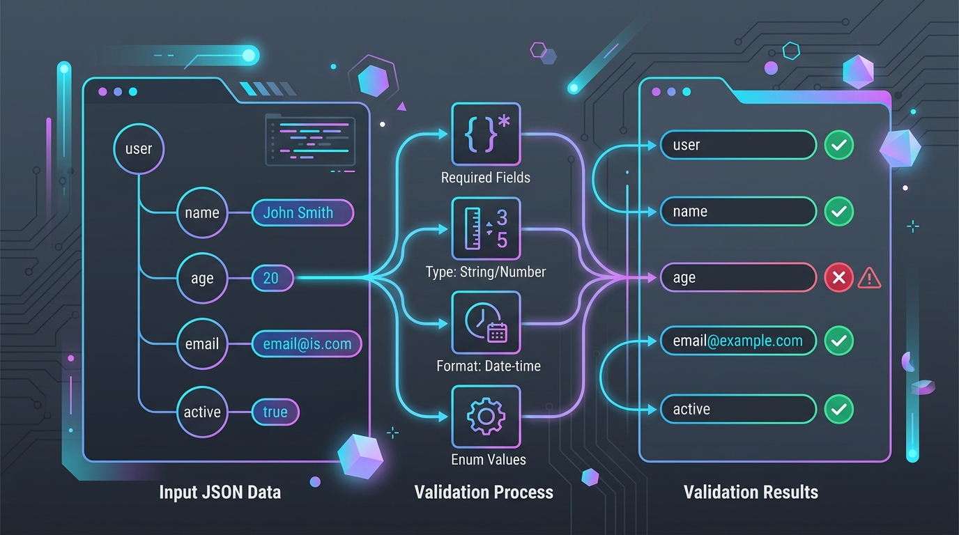 JSON Schema Validation Guide Featured Banner showing data structure nodes and validation checkmarks