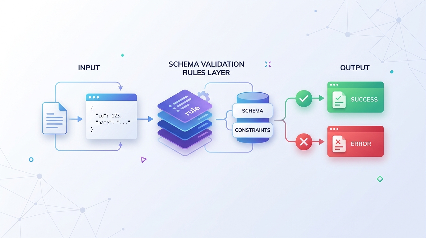 JSON Schema validation pipeline workflow diagram showing JSON payload input, schema rules evaluation, and browser local validation results