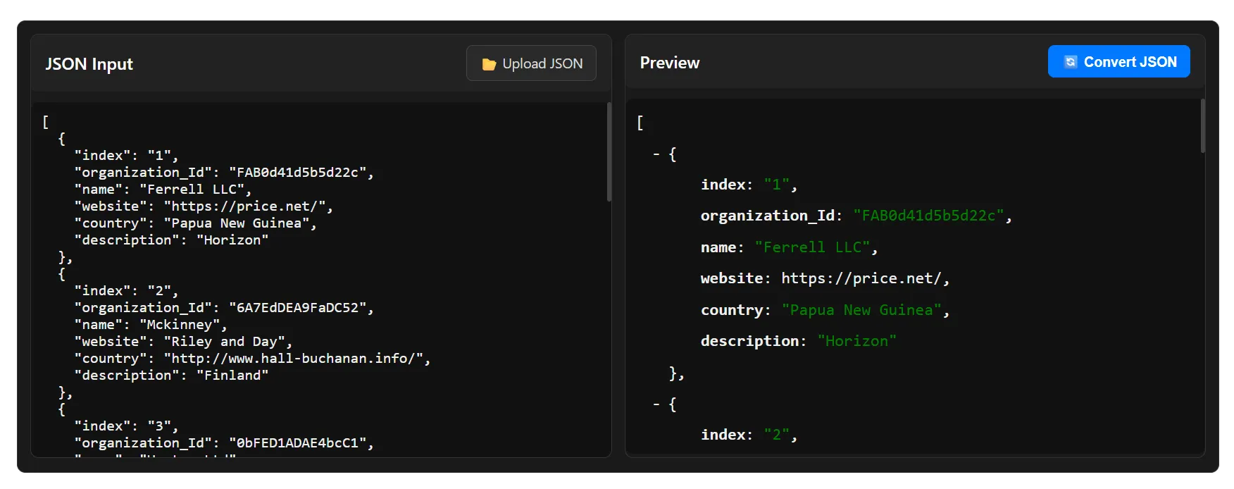JSON input editor showing pasted JSON data