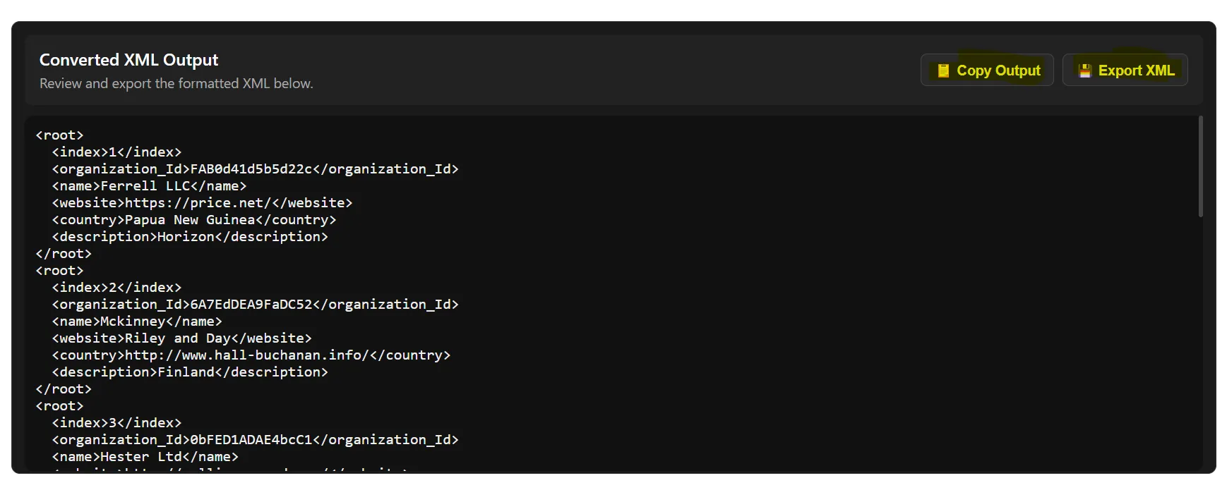 XML Output Example