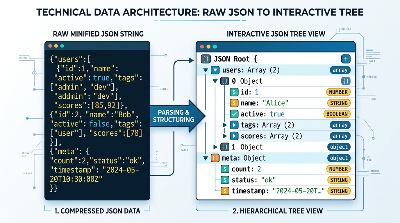 Data architecture diagram showing raw minified JSON string transforming into hierarchical tree view