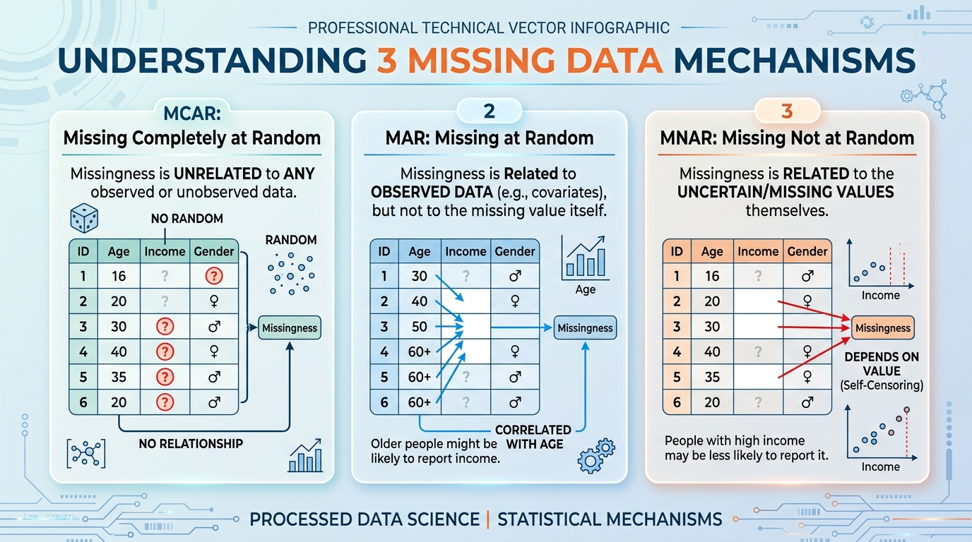 Infographic explaining 3 statistical mechanisms: MCAR, MAR, and MNAR