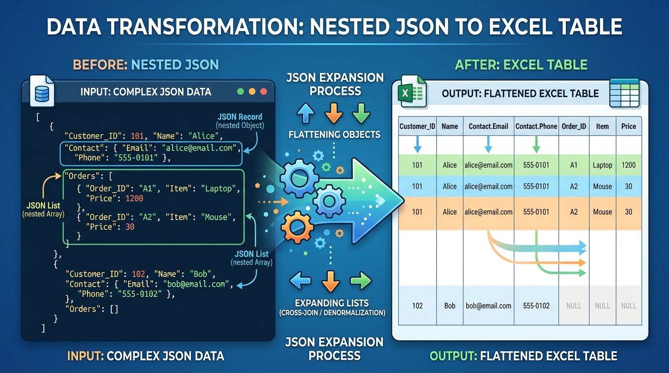 Diagram showing nested JSON array objects expanding into clean Excel columns