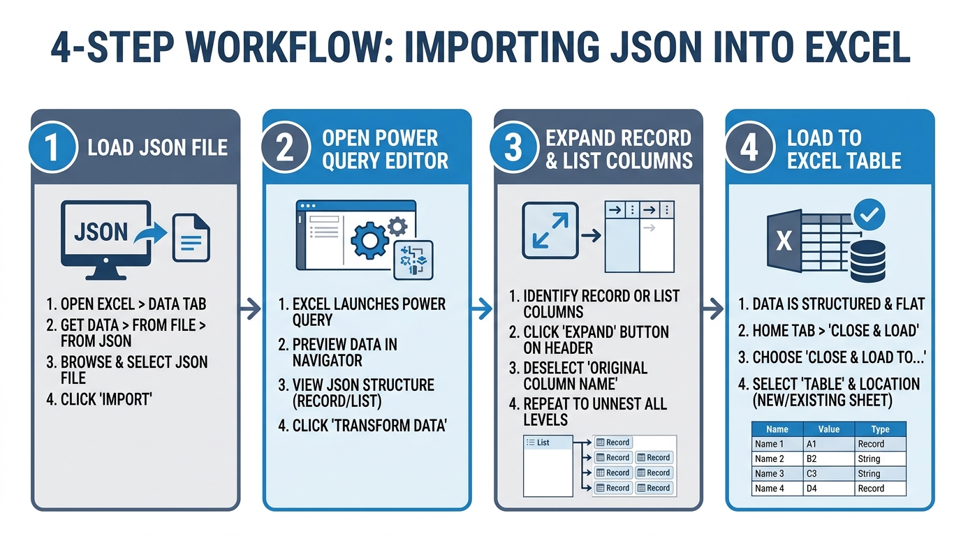 Step-by-step Power Query workflow diagram for importing JSON into Excel